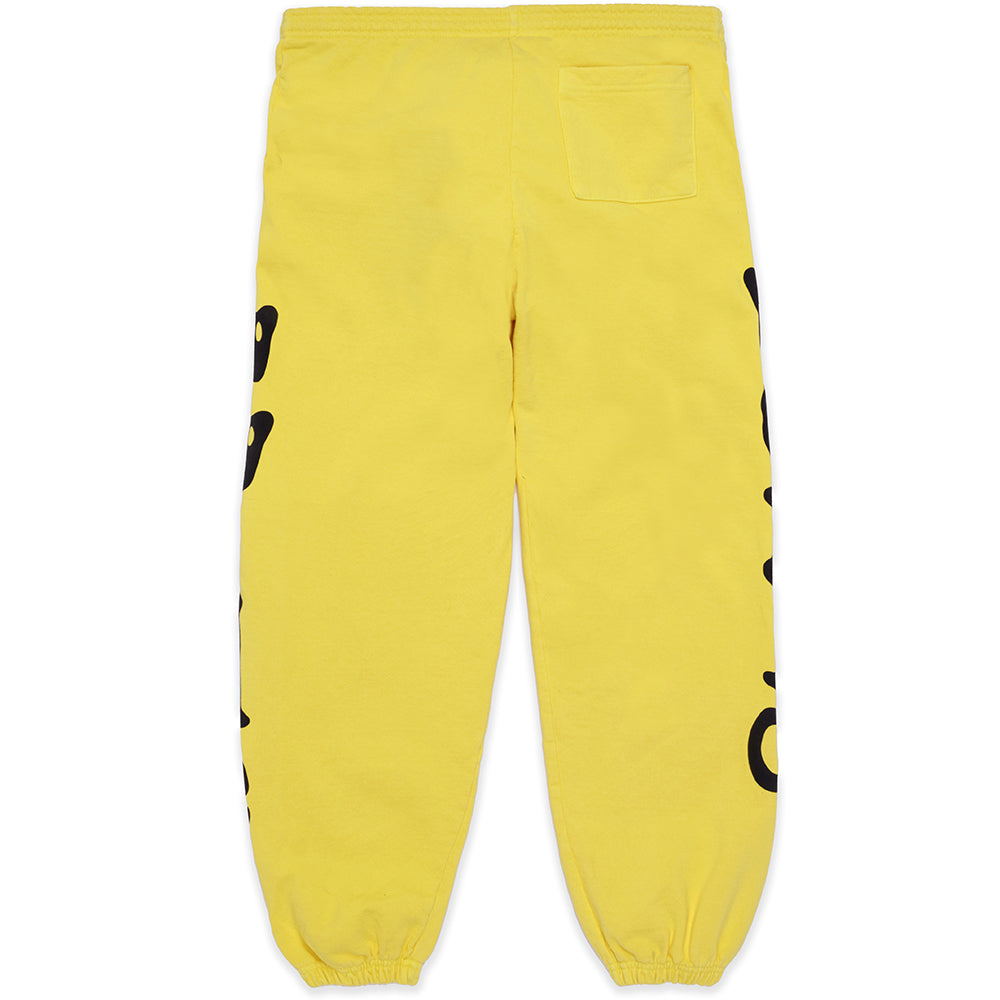 Yellow Beluga sweatpants with "Worldwide" puff print down both legs, 23oz fleece.