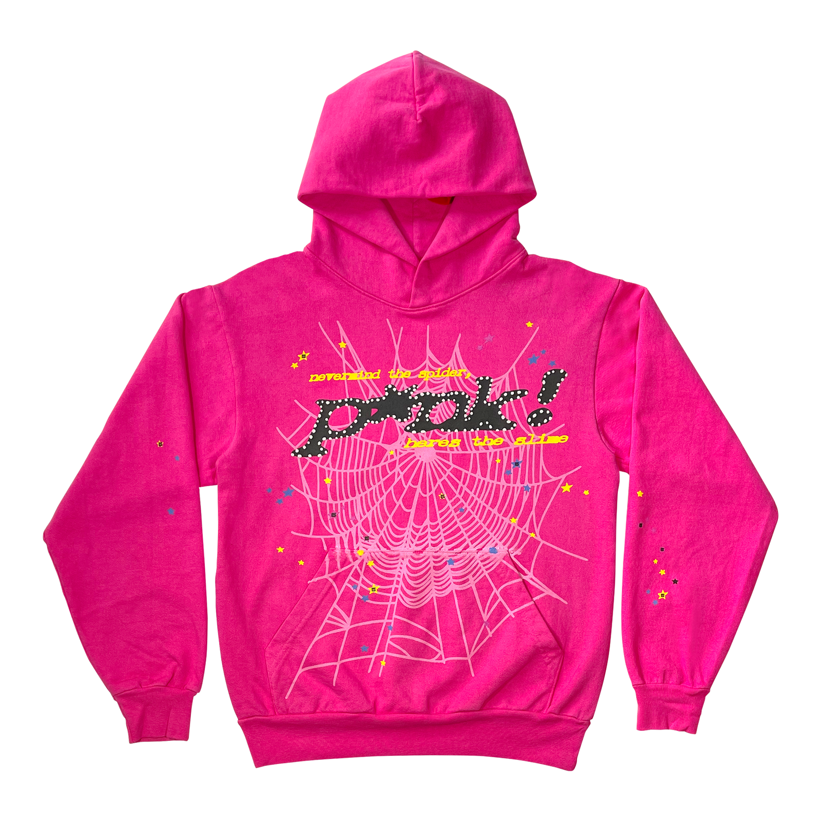 Bright pink SP5DER hoodie with "P*nk" motif, spider web, and colorful star prints.