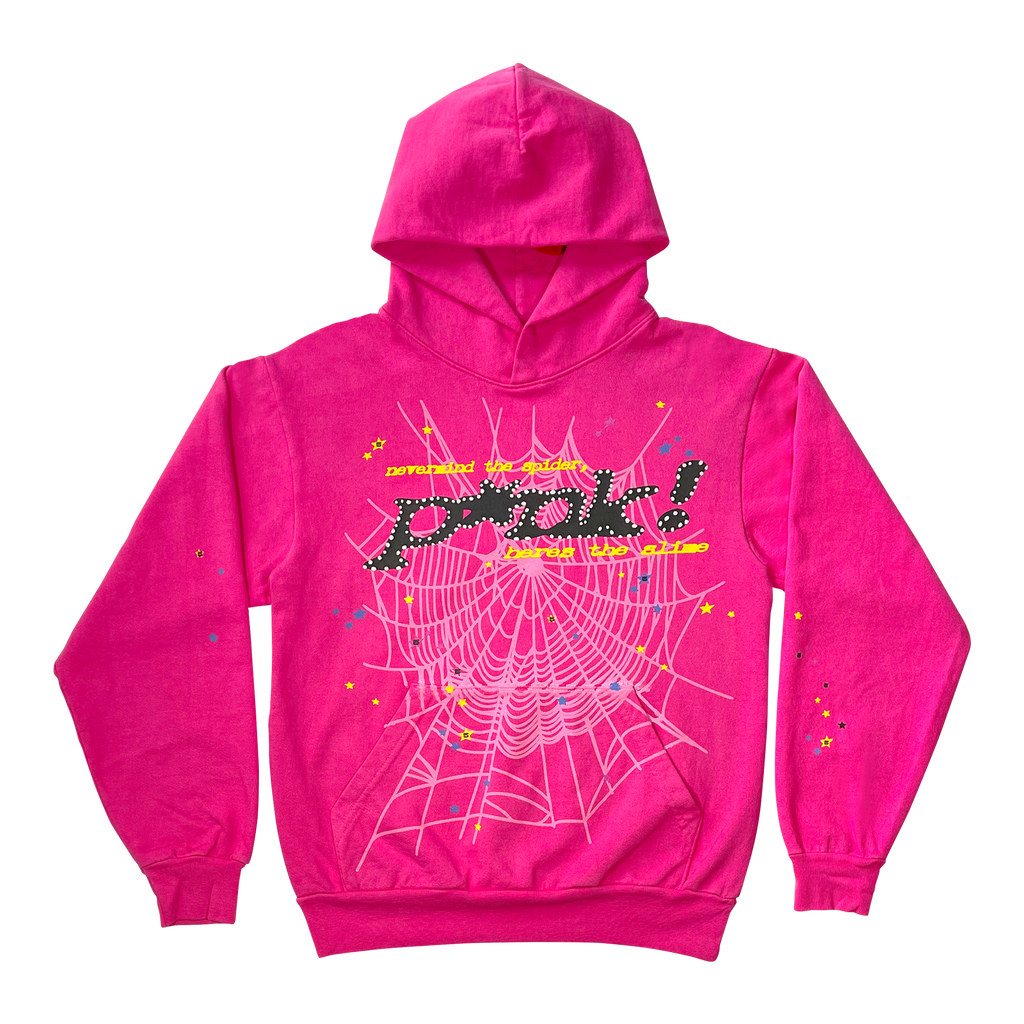 Bright pink SP5DER hoodie with "P*nk" motif, spider web, and colorful star prints.