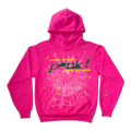 Bright pink SP5DER hoodie with "P*nk" motif, spider web, and colorful star prints.