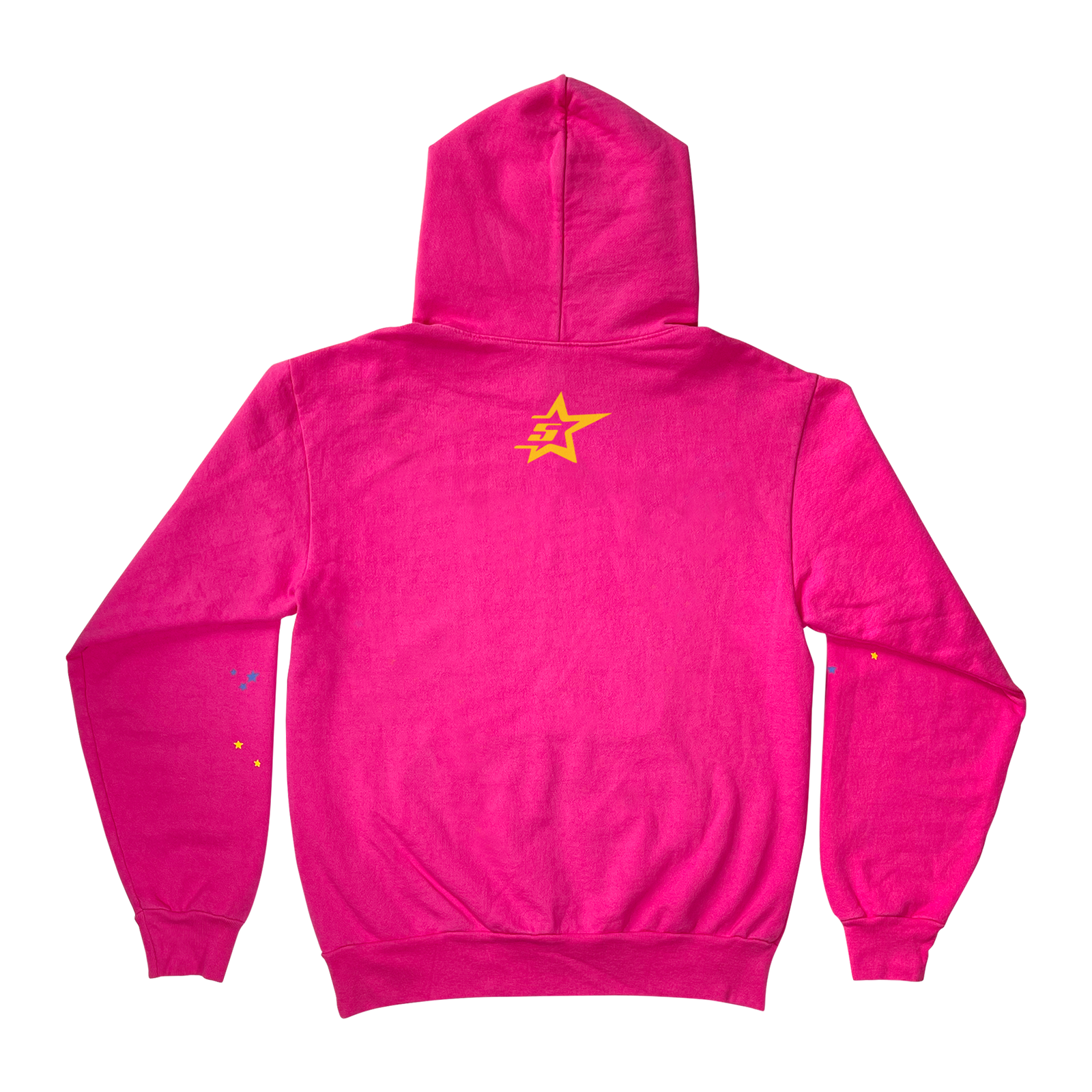 Back of a bright pink OG P*NK HOODIE with a yellow star logo and small colorful stars on sleeves.