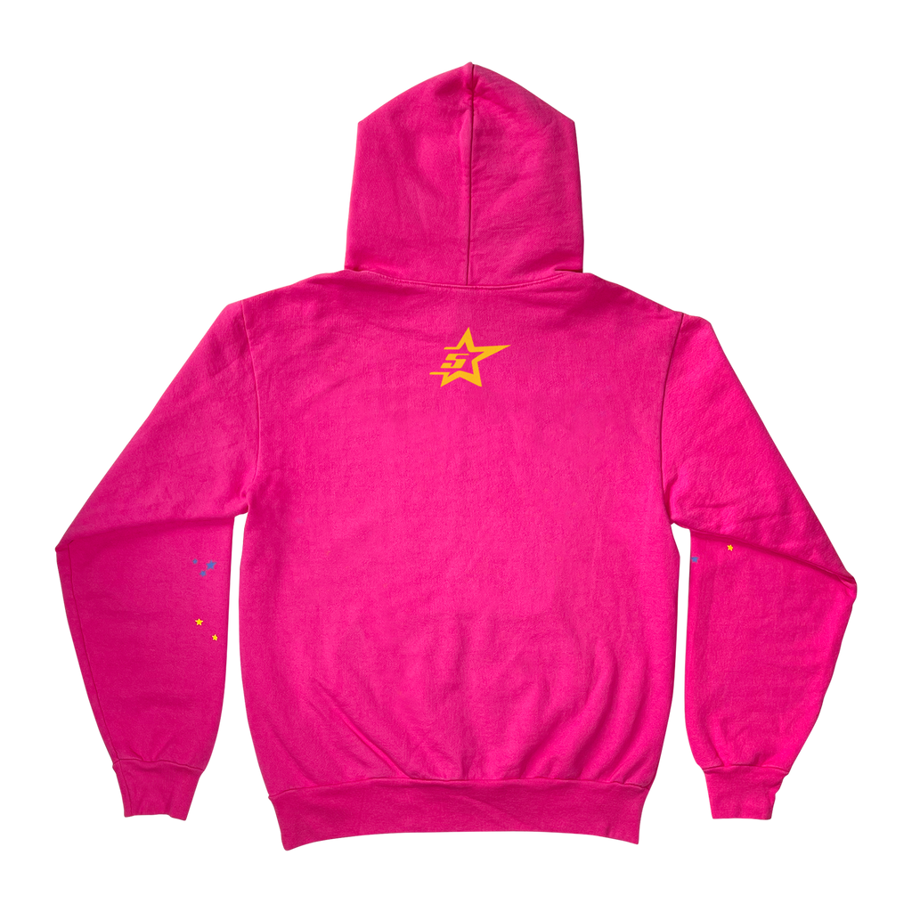 Back of a bright pink OG P*NK HOODIE with a yellow star logo and small colorful stars on sleeves.