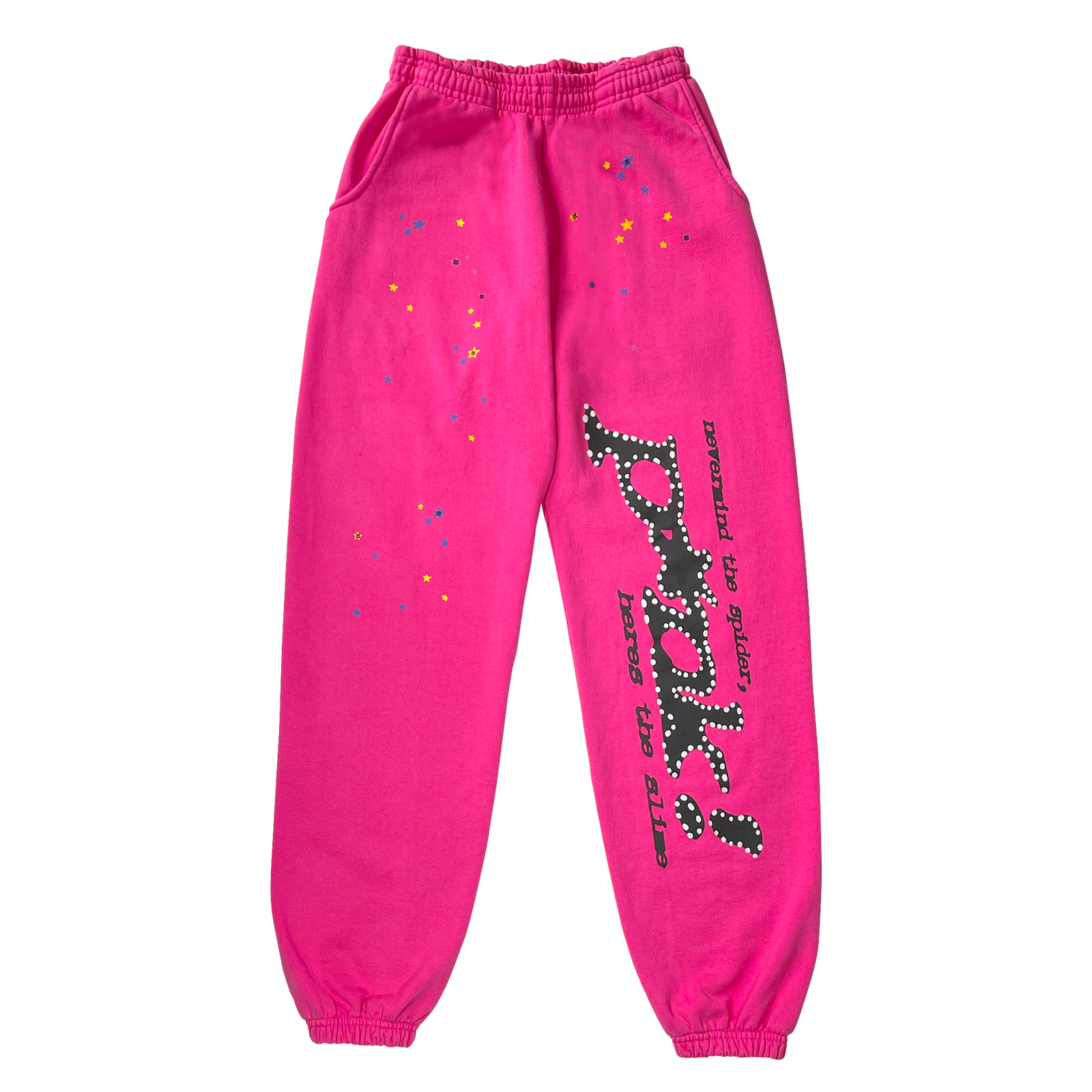 OG P*NK SP5DER sweatpants in hot pink with "P*nk!" puff print, discharge print, and colorful star motifs.