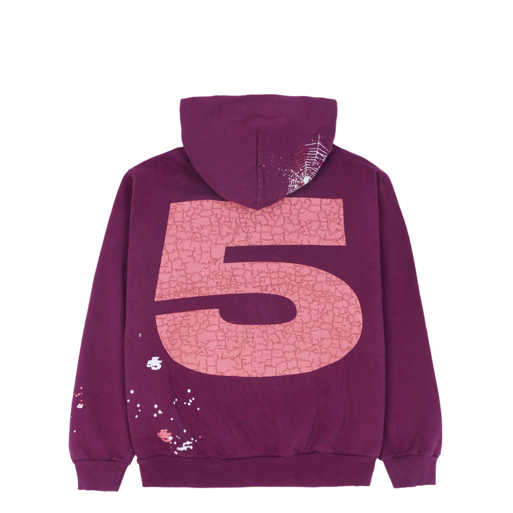 Back of a plum 23oz fleece hoodie with a large cracked pink '5' puff print and white splatter details.