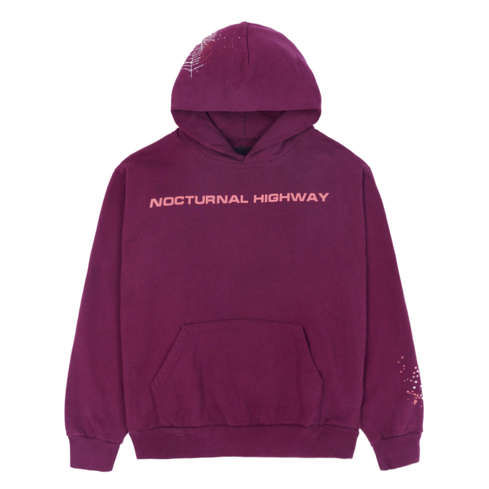 Purple 23oz fleece hoodie with "NOCTURNAL HIGHWAY" puff print and discharge print details.
