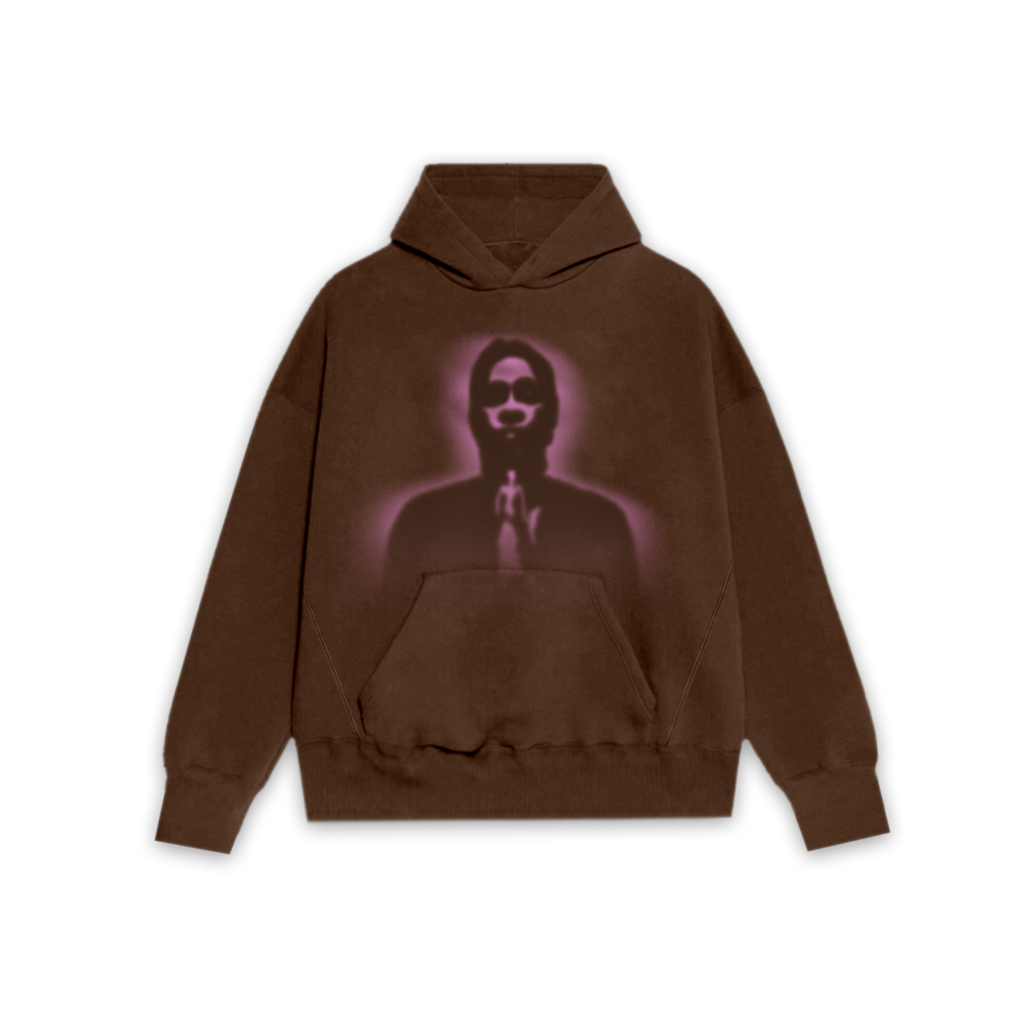 Brown oversized French terry hoodie with a glowing pink graphic of a figure wearing sunglasses.