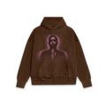 Brown oversized French terry hoodie with a glowing pink graphic of a figure wearing sunglasses.