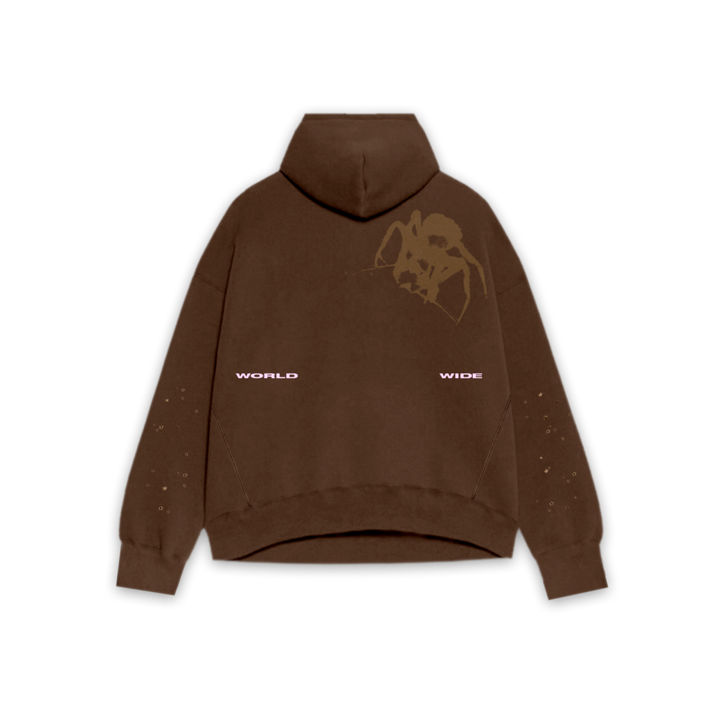 Oversized brown French terry hoodie with "WORLD WIDE" text and unique graphic on the back.