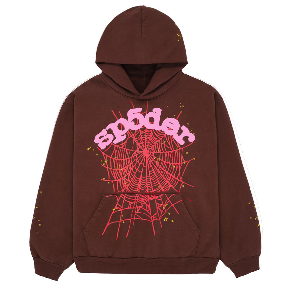 Brown 23oz fleece WEB HOODIE with pink "sp5der" text, spiderweb graphic, and yellow star accents.