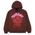 Brown 23oz fleece WEB HOODIE with pink "sp5der" text, spiderweb graphic, and yellow star accents.