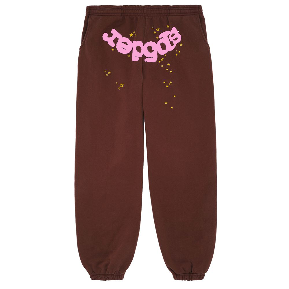 Brown CLASSIC SWEATPANT with pink "Sp5der" puff print and yellow star discharge print.