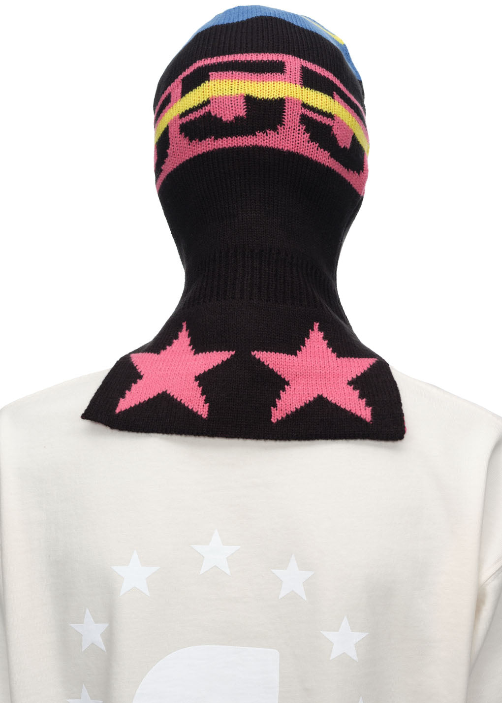 Black SP5DER balaclava with pink 555, stars, and colorblock jacquard knit design.