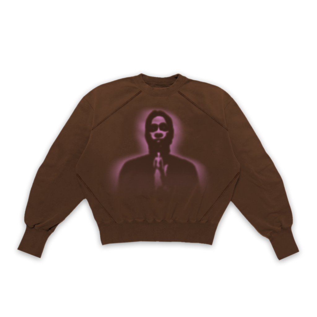 Oversized brown French terry crewneck with a glowing purple graphic of a figure with hands clasped.