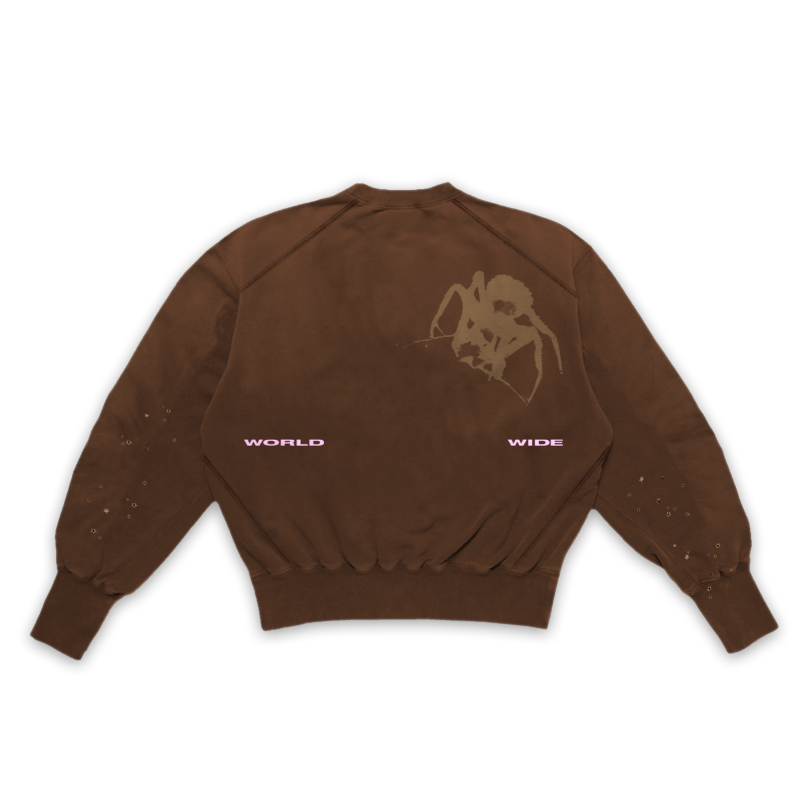 Oversized brown French terry crewneck with a large spider graphic and "WORLD WIDE" text on the back.