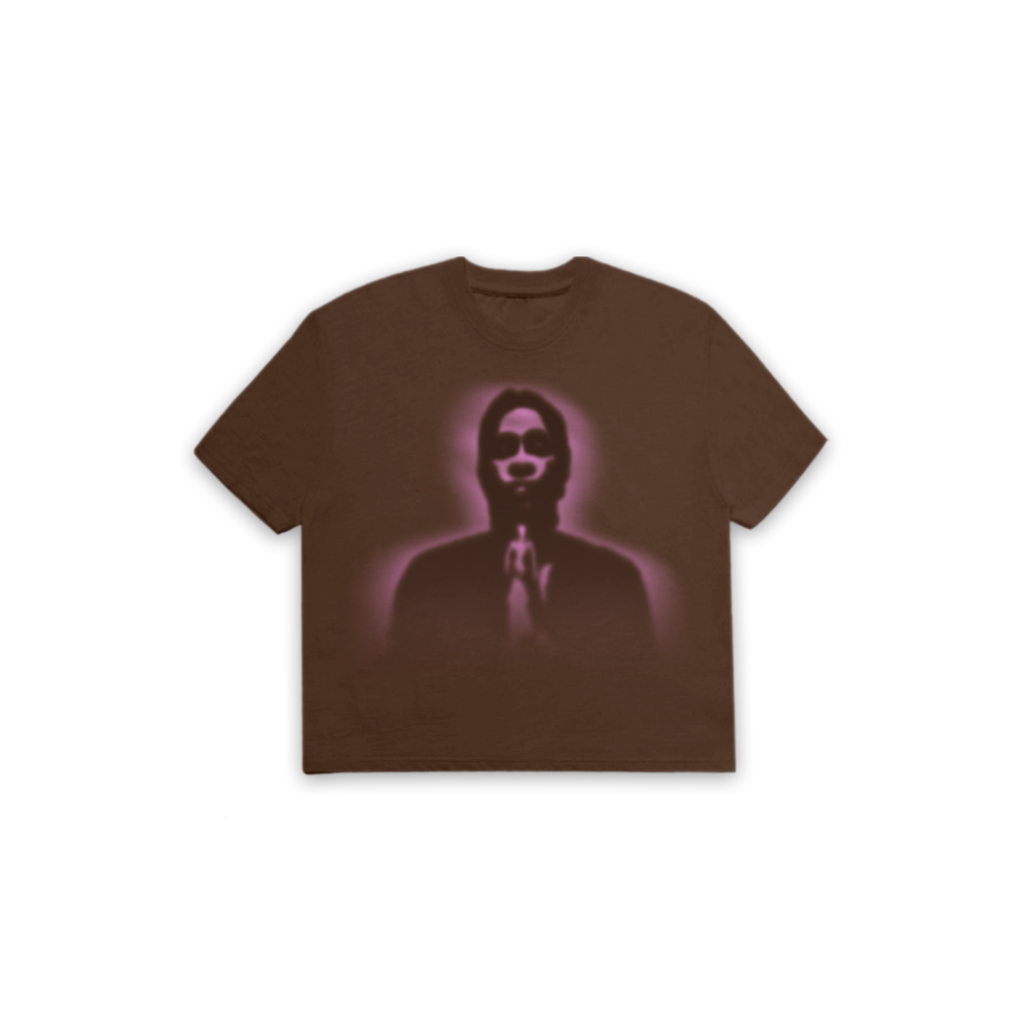 Brown oversized THUG T-shirt with a glowing pink graphic of a man's silhouette.