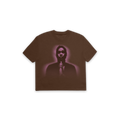 Brown oversized THUG T-shirt with a glowing pink graphic of a man's silhouette.