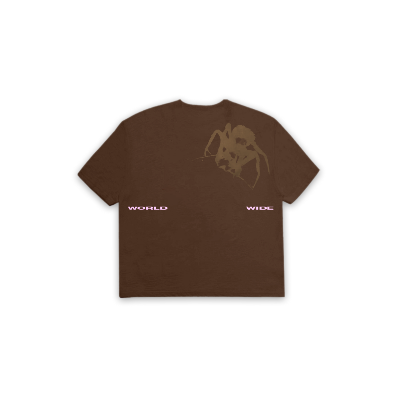 Brown oversized THUG T-SHIRT with a large spider graphic and "WORLD WIDE" text.